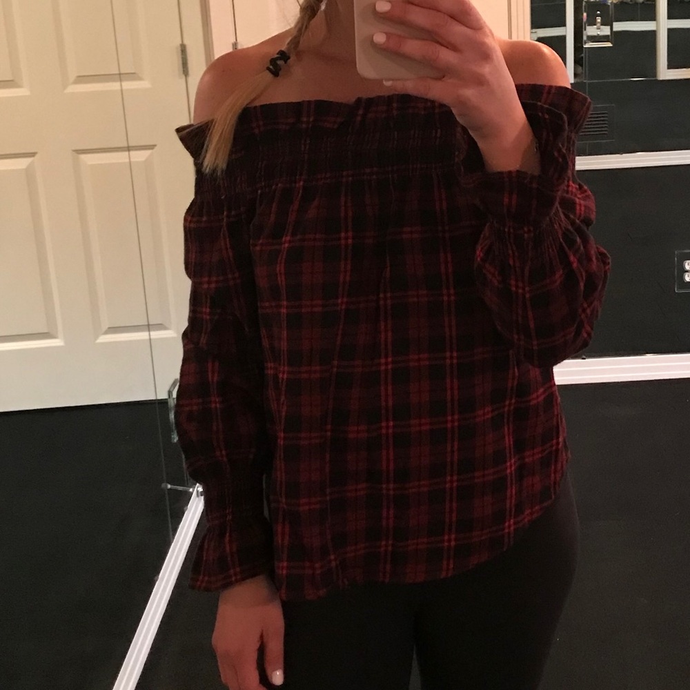Vintage Havana Plaid red & black off shoulder